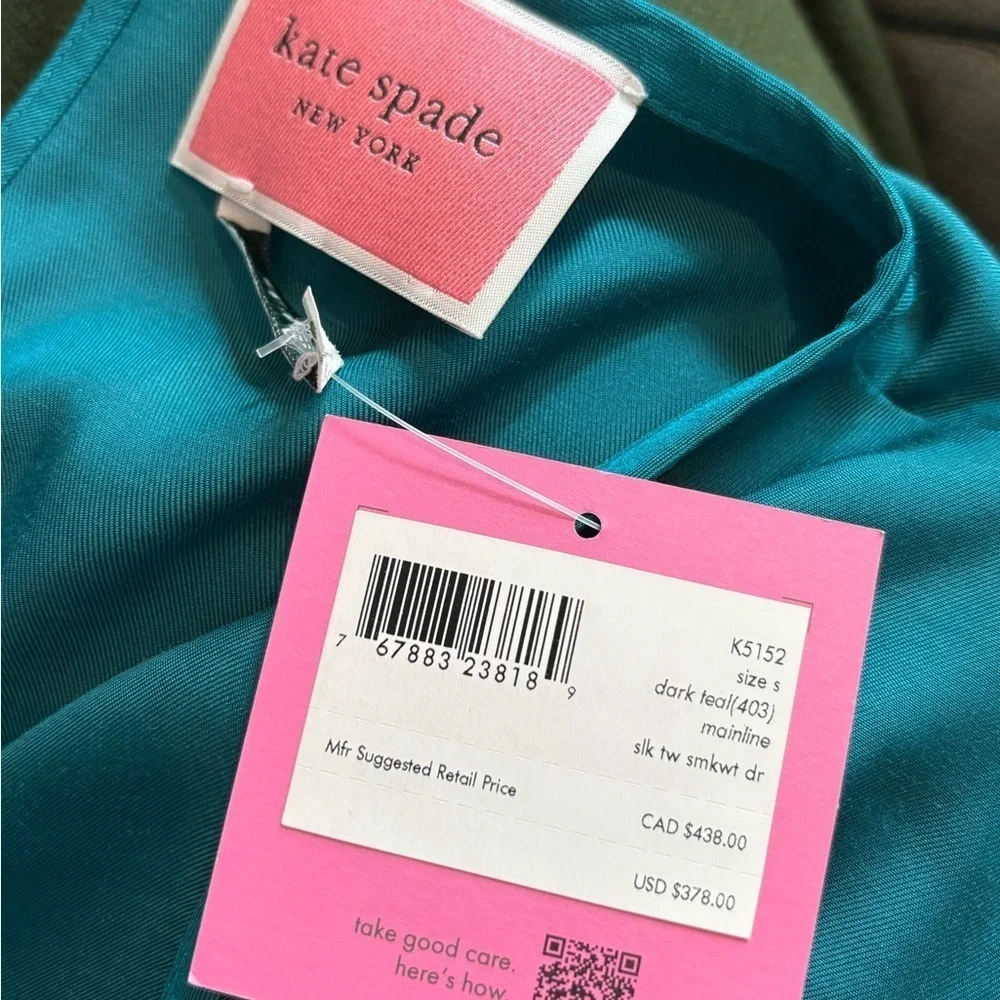 KATE SPADE Silk-blend Twill Smocked-waist Dress In Dark dress size small NWT